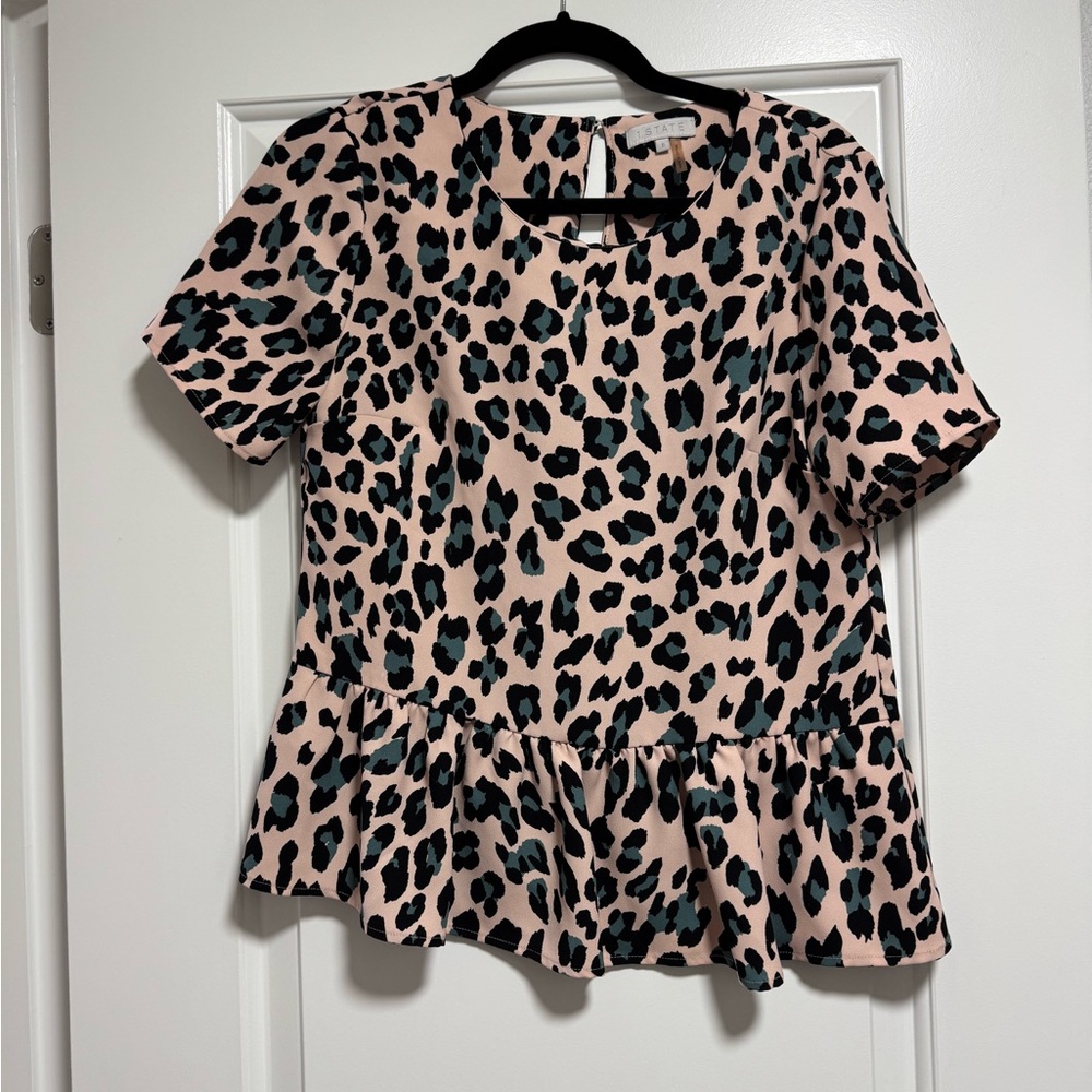 STATE Pink and Black Animal Print Peplum Blouse